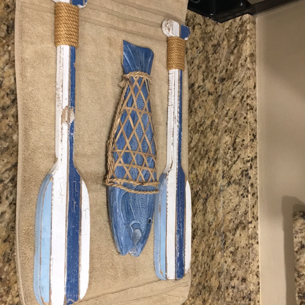 Nautical Blue & White Wooden Oars with Decorative Fish Coastal Cottagecore Beach